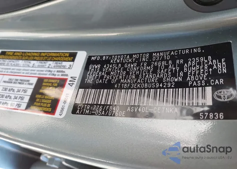 2011 Toyota Camry Le from USA, damaged, VIN 4T1BF3EK0BU594292